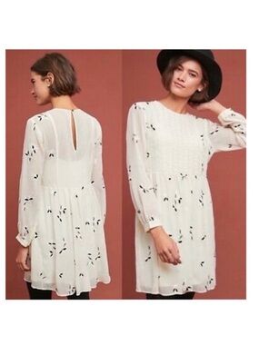 Anthropologie Cream Long-Sleeve Smocked-Front Printed Dress